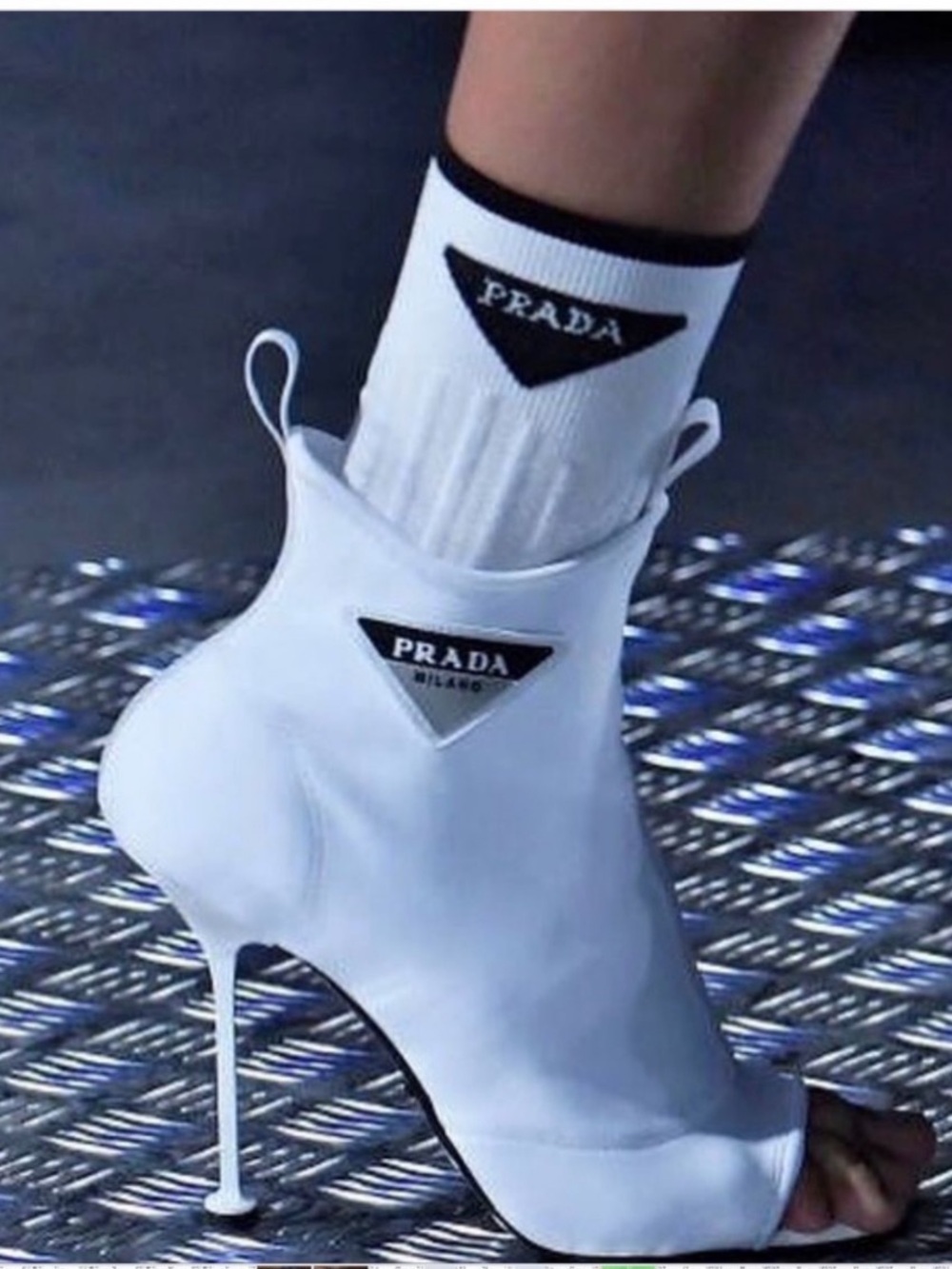 PRADA White Neoprene Logo Peep-Toe Booties 37 | Runway | Full Set